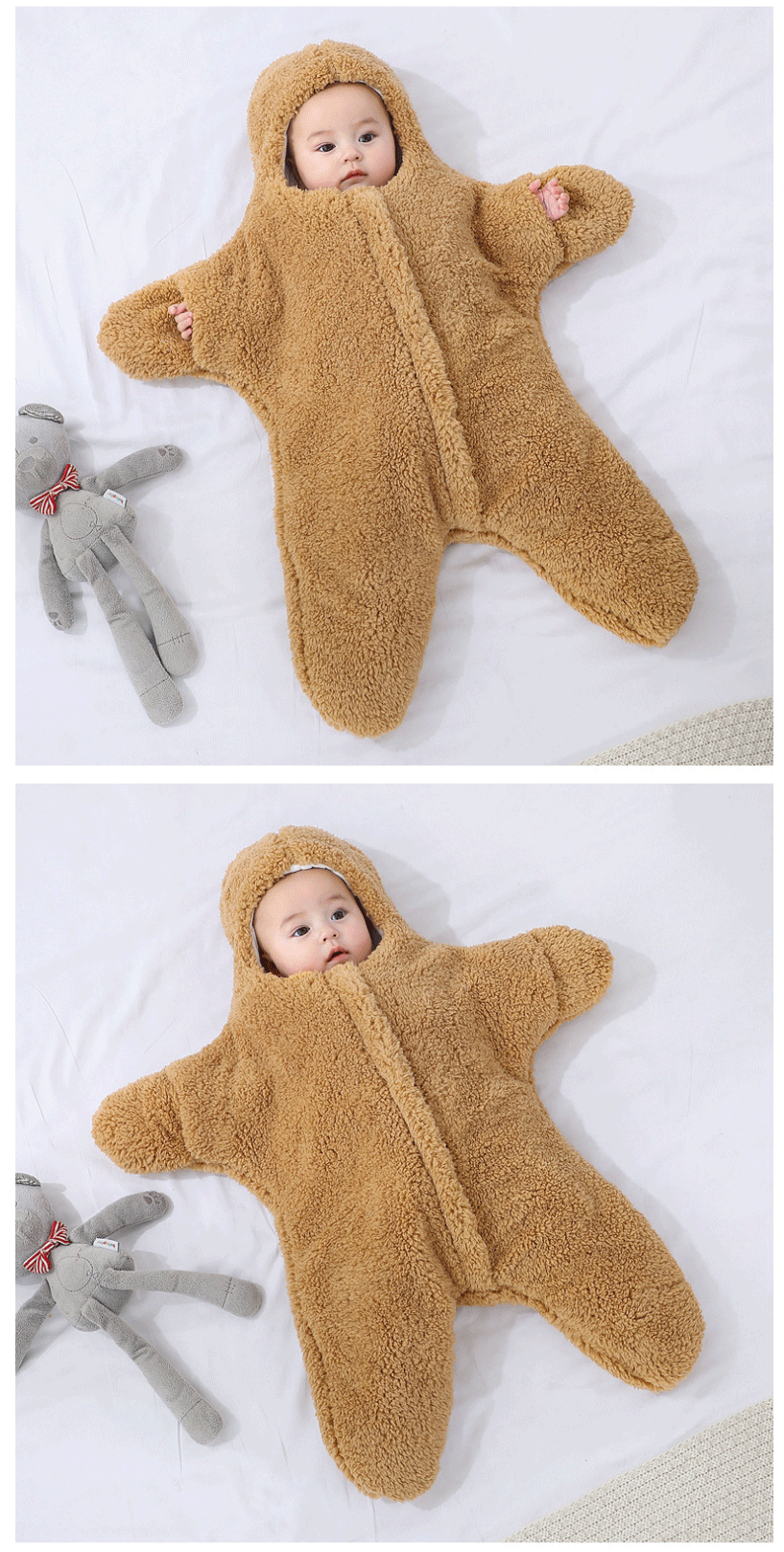 Newborn Baby Boy Girl Kids Cartoon Hooded Romper Jumpsuit Bodysuit Clothes Outfits Long Sleeve Playsuit Toddler One Piece Outfit Starfish Baby