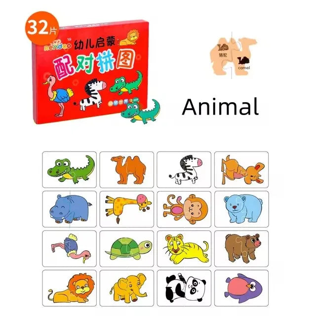 32pcs Children Cards Matching Game Baby Cognition Jigsaw Toys Animal Puzzle Waterproof Educational Toys Unusual Learning Gift